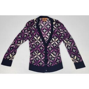 Tory Burch Womens XS 100% Wool Floral Bloom Purple Button Lightweight Cardigan